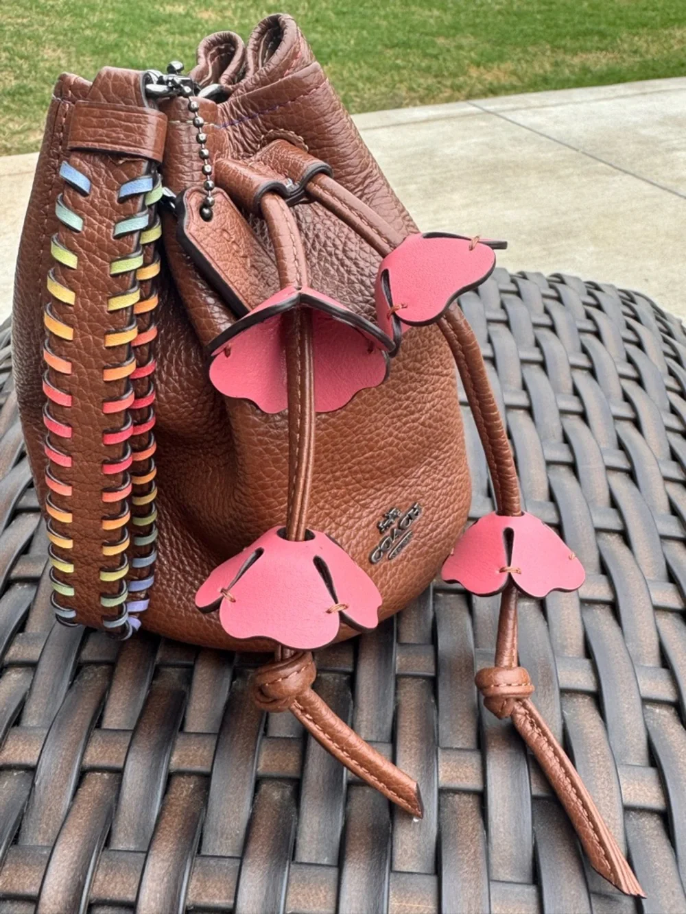 Coach Pebbled Leather Drawstring Bucket Bag Tea Rose petal wristlet pouch bag - Picture 7 of 10